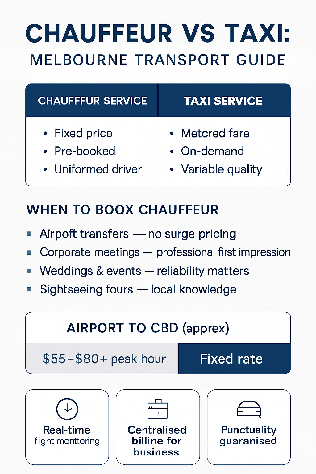 Infographic comparing Melbourne chauffeur and taxi services by cost, booking method, reliability and best-use scenarios