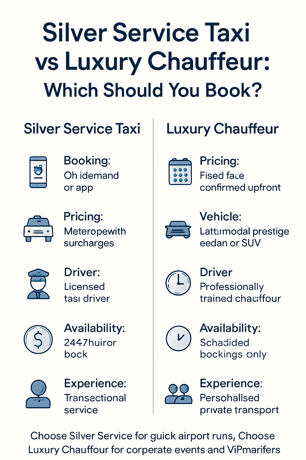 Side-by-side comparison infographic of Silver Service Taxi versus Luxury Chauffeur services showing booking methods, pricing, vehicles and driver standards.