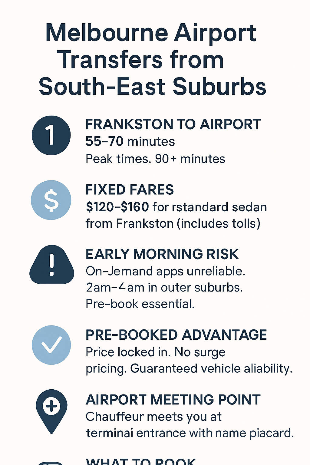 Infographic summarising airport transfer costs, travel times, and booking tips for Frankston and south-east Melbourne suburbs to Melbourne Airport.