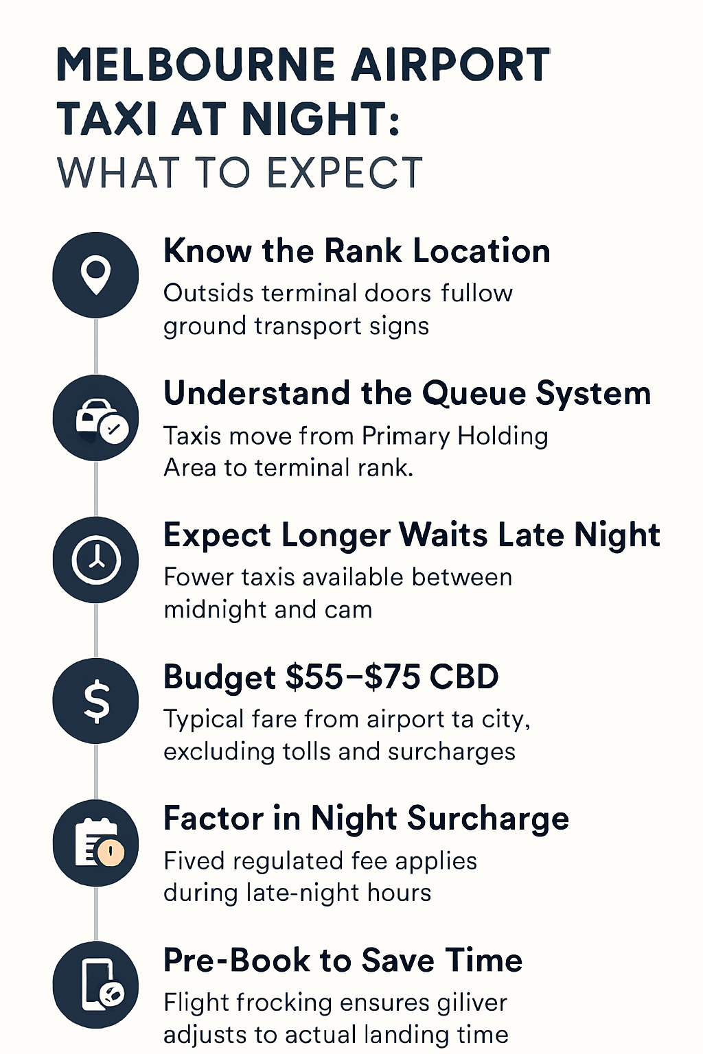 Infographic showing 6 steps for taking a taxi from Melbourne Airport late at night, including wait times, fares, and safety tips.