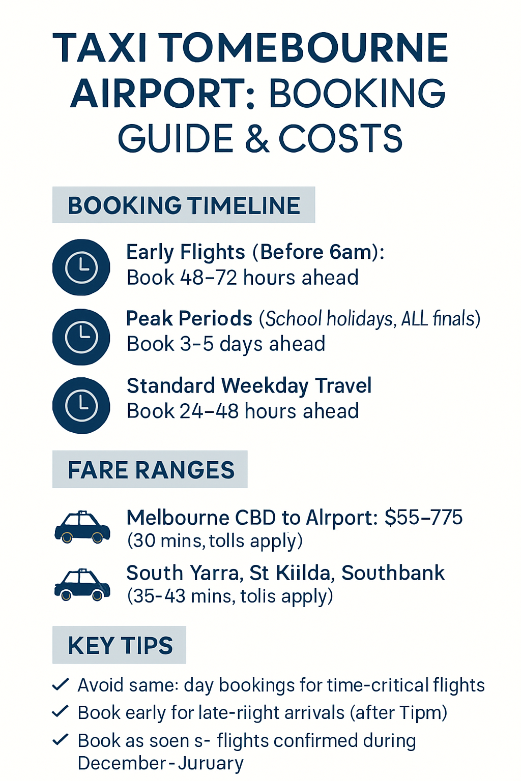 Infographic showing Melbourne airport taxi booking timeline, fare ranges by suburb, and booking tips