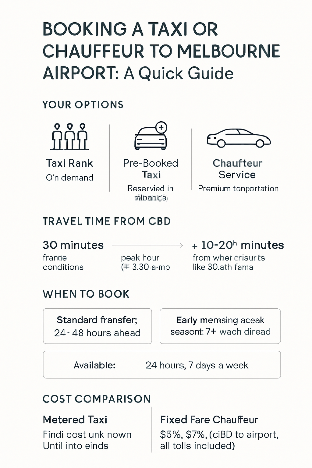 Infographic showing 6 practical steps for booking a Melbourne airport taxi or chauffeur, including travel times, costs, and booking windows.