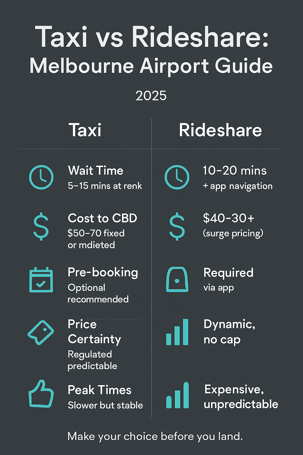 Comparison infographic of taxi vs rideshare options at Melbourne Airport with wait times, costs, and best-use scenarios.