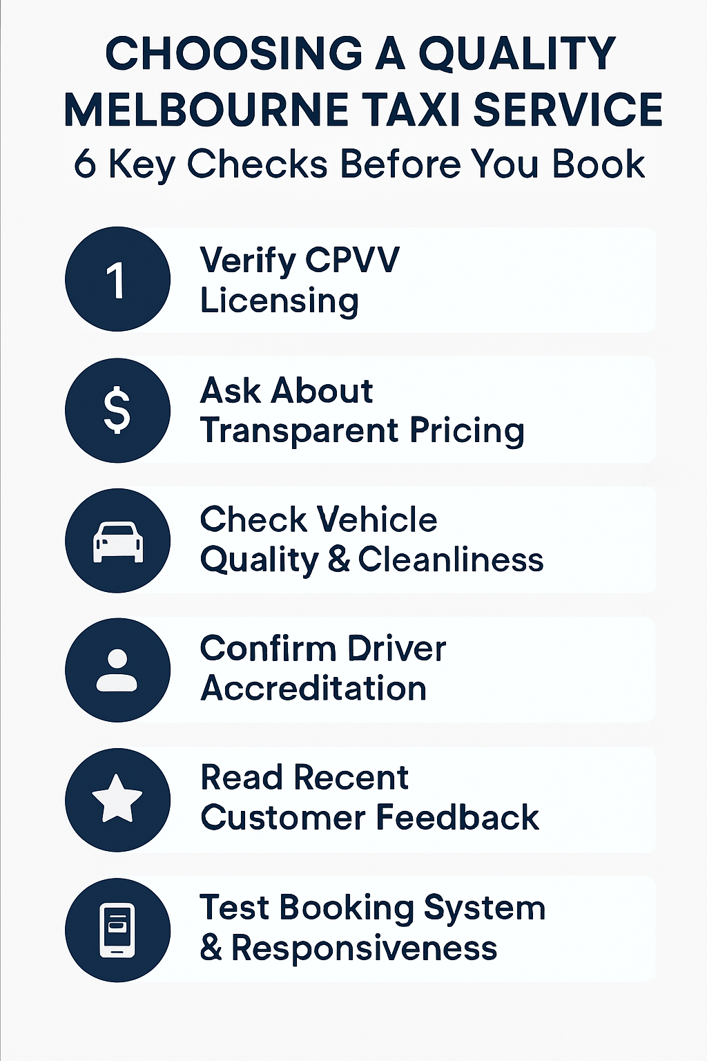 Vertical checklist infographic: 6 steps for selecting a quality Melbourne taxi service with icons