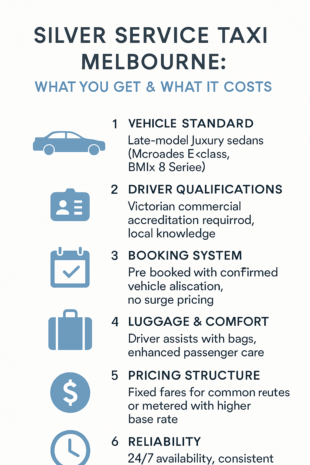 Infographic comparing 6 key features of Melbourne silver service taxis including vehicle standard, driver qualifications, booking system, luggage assistance, pricing, and reliability.